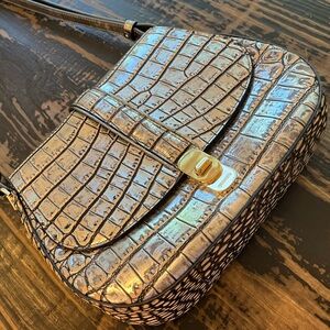 Brahmin Nadine Small Crocodile Embossed Saddle Bag in Steel Opulust